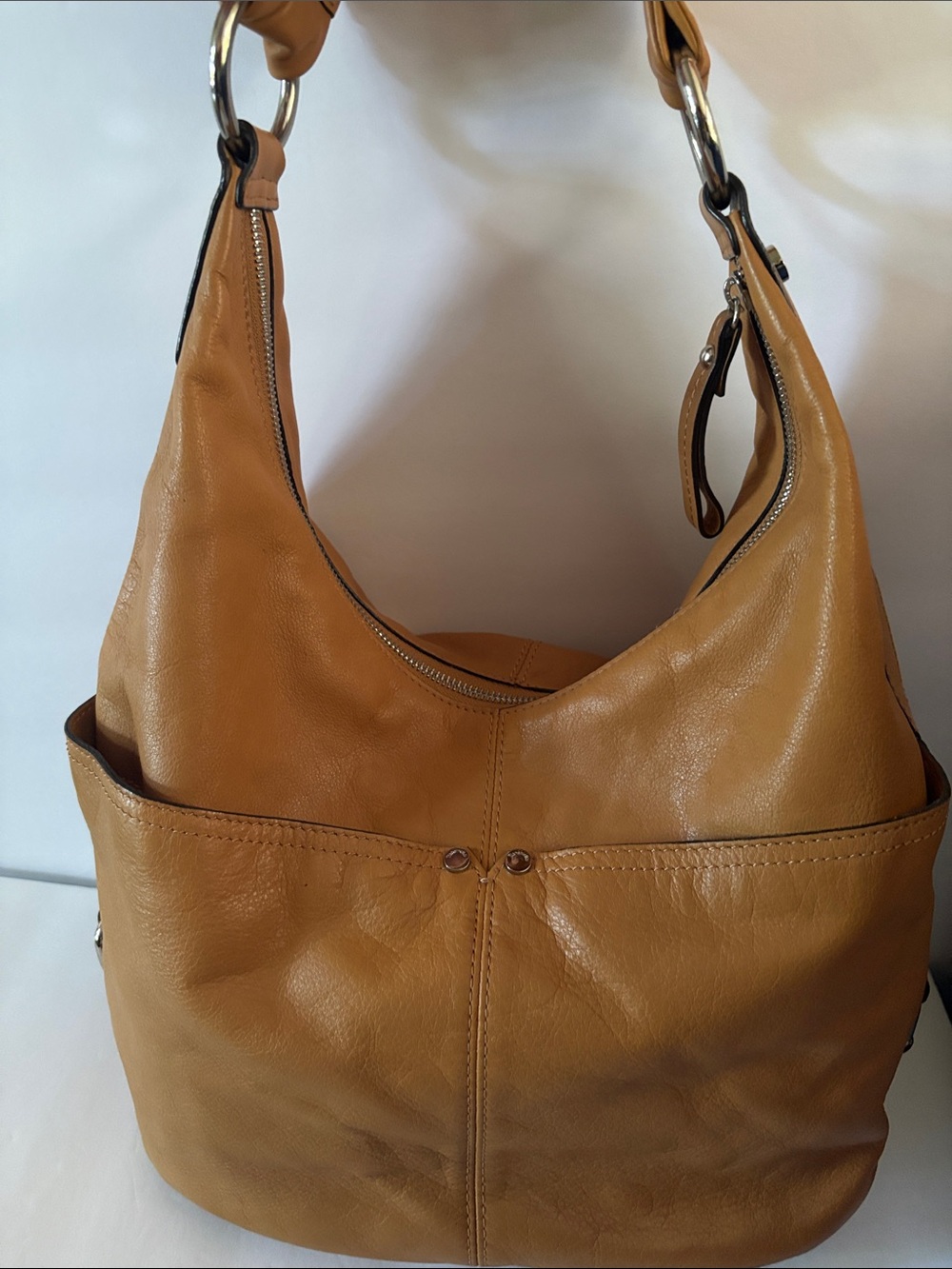 Tignanello Tan Leather Hobo Shoulder Bag Large Slouchy Boho Satchel - Picture 5 of 11